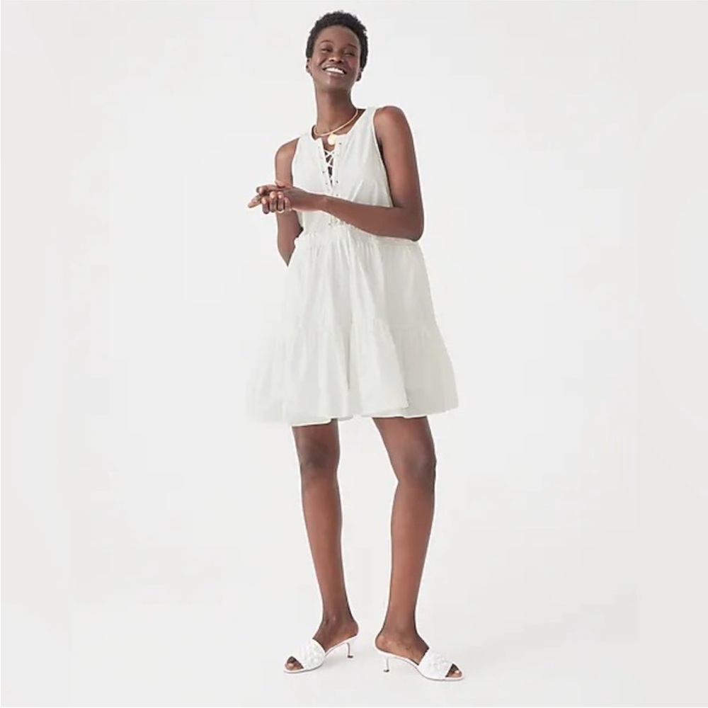 J. Crew White Lace-up Tiered Mini Dress in Cotton Poplin sz medium Sold Out